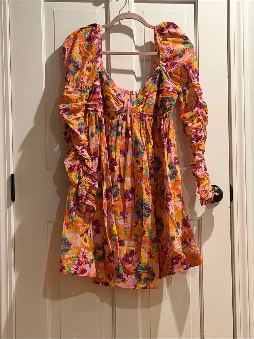 Zimmermann Orange Pink Floral Ruffle-Sleeve Mini Dress